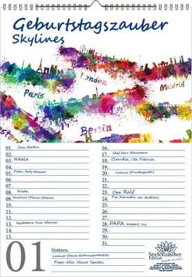 Produktbild von Geburtstagsplaner Geburtstagskalender Skylinezauber DIN A3 Kalender Skylines in Aquarell - Seelenzauber