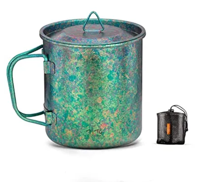 Produktbild von Camping Tasse 450ml Titan faltbarer Griff mit Deckel Grün Ultraleicht für Outdoor Wandern Picknick