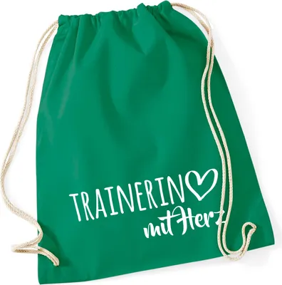 Produktbild von Huuraa Turnbeutel Trainerin mit Herz 12 Liter Kelly Green Baumwolle Rucksack Geschenkidee