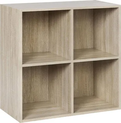 A four-compartment cube shelf unit made of wood composite with a light oak finish.