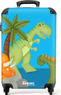 Produktbild von NoBoringSuitcases.com® Koffer Handgepäck Trolley Rollkoffer Kleine Reisekoffer mit 4 Rollen - Grüne und orange Dinosaurier mit blauem Hintergrund - Cabin Size < 55x40x23 cm & 55x40x20 cm - Fotokoffer - Kabinenkoffer - BoardgepäckHandgepäck Koffer 55x35x20 cm, 36L,