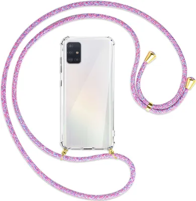Produktbild von Handykette Backcover-Schutzhülle mit Band (Metall goldfarben) für Samsung Galaxy A51 (A515) - lila/rosa/blau