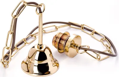 A brass lamp suspension set with a chain and socket on a white background.