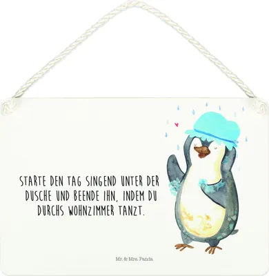 Produktbild von Mr. & Mrs. Panda Schild Pinguin Duschen DIN A4 - Weiß - Geschenk, holzbild, Singen, Wandbild Holz, kleine aufmerksamkeit, Dusche, wandtafel, Motivation, Duschkonzert