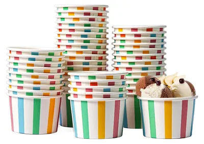 Imagen del producto de Vasos para helado de 135 ml, hechos de cartón compostable, paquete de 50 unidades, con diseño de rayas de colores, ideales para helados y postres