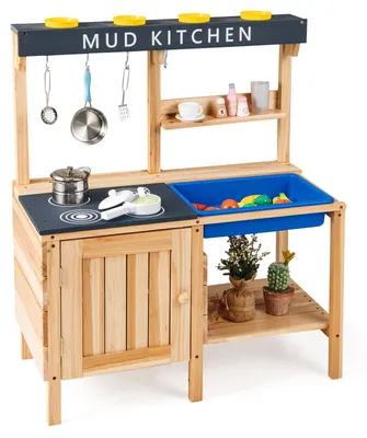 Image de Cuisine d'extérieur pour enfants - Cuisine pour enfants en bois - Évier amovible - Avec accessoires - Armoire avec espace de rangement - Pour les 3 à 6 ans - Ne fonctionne pas à piles - Kaki