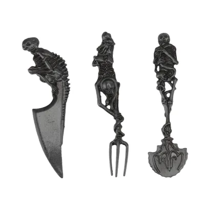 Image de Halloween Squelette Set de Couverts | Couverts de Table Créatifs Crâne en Alliage de Zinc | Couteau, Fourchette & Cuillère Cadeau en Noir