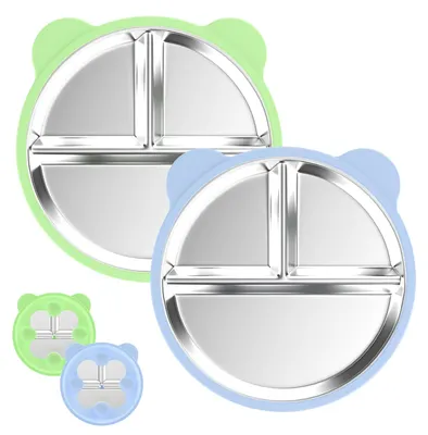 Produktbild von Ayciep Edelstahl Baby Teller mit Saugnapf, 2 Stück Silikon Kinderteller mit 4 Saugnäpfen, Edelstahl Teller Baby, BPA-frei, Rutschfeste, Abnehmbare Silikonhülle, Babyteller, Kinderteller, Blau + Grün –