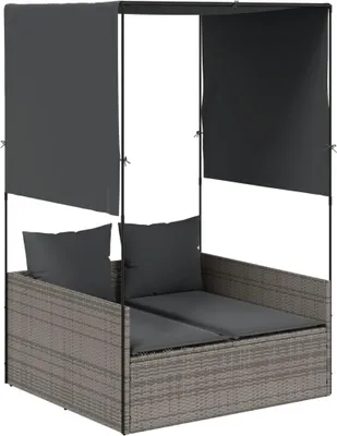 Produktbild von vidaXL Doppel-Sonnenliege mit Dach und Vorhängen Grau Poly Rattan