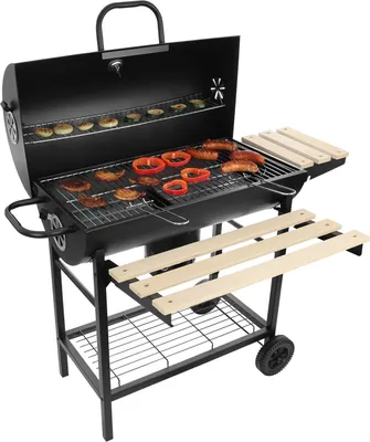 Zdjęcie produktu dla Duży zamykany grill węglowy ogrodowy na kółkach z półkami i paleniskiem