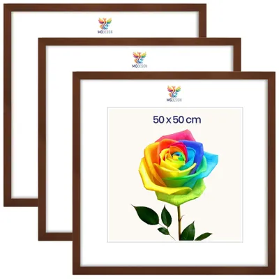 Produktbild von MG Design 3er Set Bilderrahmen 50 x 50 cm - Posterrahmen mit Braun Echtholzrahmen und bruchsicherem Acrylglas, Hoch & Quer mit stabiler Wandaufhängung