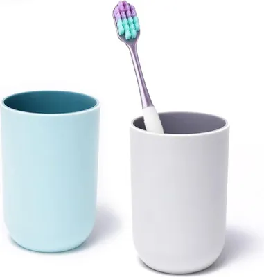 Produktbild von Zahnputzbecher 2 Stück, Wiederverwendbar Zahnputzbecher Kunststoff, Zahnbürstenbecher Set, Mundbecher Trinkbecher (Grau, Blau)