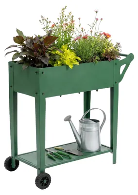 Produktbild von Relaxdays Hochbeet, mit Ablage, 2 Räder, Garten, Balkon & Terrasse, HxBxT: 80 x 85 x 50 cm, mobiles Tischbeet, grün