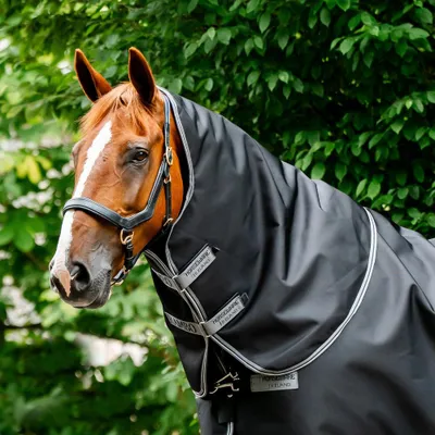 Obrázek produktu pro Horseware Rambo Supreme, deka s kapucí, 0 g - velikost M - s límcem - barva: černá/tmavě šedá/stříbrná