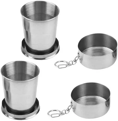 Image de Ibenzoa® : Lot de 2 gobelets pliables en acier inoxydable de 250 ml – Gobelets de voyage compacts avec couvercle et crochet, inoxydables, pliables, idéaux pour le camping et la randonnée