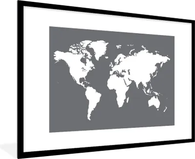 Produktbild von MuchoWow® Gerahmtes Poster Weltkarte - Weiß - Grau 90x60 cm - Poster mit Schwarzem Bilderrahmen Wandposter Rahmen Foto Bilder - Wanddekoration - Fotos