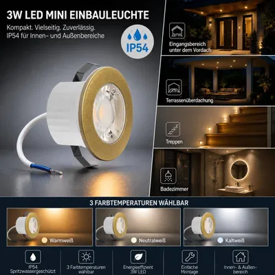 Produktbild von 3W LED mini Einbauleuchte Einbaustrahler Spot Mini-spot Gold IP54 Kaltweiß