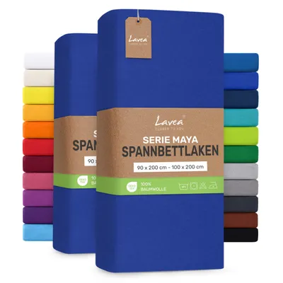Produktbild von Lavea® 2er Pack Jersey Spannbettlaken 90/100x200 cm, 100% Baumwolle – Weiches Bettlaken für Matratzen bis 20 cm Höhe – Royalblau