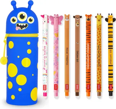 Produktbild von LEGAMI Set mit 7 radierbaren Gelstiften + 2-in-1-Federmäppchen - mit thermoempfindlicher Löschtinte, verschiedene Tintenfarben und Schaftdesigns, 0,7 mm Spitze (Monster)