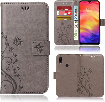 Produktbild von Handy Tasche für Xiaomi Redmi Note 7 Schutz Hülle Handyhülle mit Blumenmuster Klapp Hülle mit Standfunktion und Kartenfächer Grau