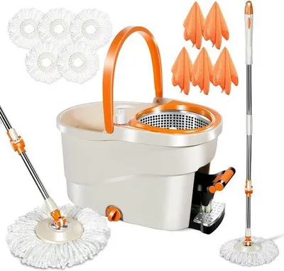 Image de Balai à franges Dweil avec tête de rechange en microfibre - Kit avec système centrifuge - 5 têtes de rechange en microfibre - Manche télescopique de 145 cm - Fonction d'essorage