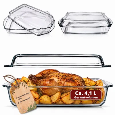 Produktbild von BigDean Glasauflaufform mit Deckel 4,1 L – Rechteckiger Glasbräter mit Griffen, hitzebeständig, für Lasagne & Backofen