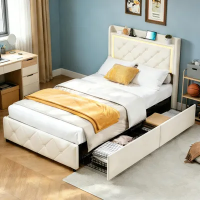 Image de Lit tapissé INONEFT 90x200 cm avec 2 tiroirs, lit pour adolescents, lit simple avec barre lumineuse LED et port USB, lit avec rangement, couleur beige