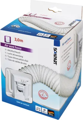 A product box for an air vent hose, showing a diagram of the hose connected to a washing machine.