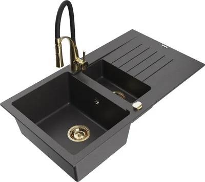 Produktbild von Mexen Matias 1,5-Becken-Granitspüle mit Abtropffläche und Mischbatterie Aster, Schwarz gesprenkelt - 6502-76-73450-57-G
