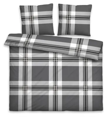 Zdjęcie produktu dla Komplet pościeli Feinbiber z wzorem tartan – mieszanka bawełny z ukrytym zamkiem błyskawicznym, wymiary: 200 x 200 cm + 2 sztuki (80 x 80 cm)