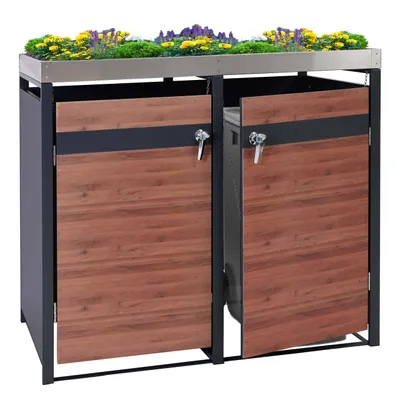 Produktbild von 2er Mülltonnenverkleidung mit Pflanzkasten MCW-J82, erweiterbar, Metall 59kg, anthrazit  Kirsche-Holzoptik dunkelbraun