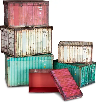 A collection of storage boxes designed to look like shipping containers, stacked and arranged.