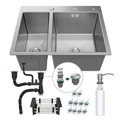 Produktbild von ANW HOME Spülbecken Edelstahl, Küchenspüle, Einbauspüle mit Abtropffläche, 2 Becken, 61x51 cm, Silber, Nano-Beschichtung, Stärke 3,0+1 mm, mit Siphon
