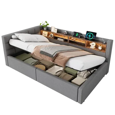 Produktbild von Polsterbett mit LED-Streifen, Lattenrost, Regal, Aufbewahrung, Type-C und USB, gepolsterter Kopfteil, 90x200 cm, Schlafsofa, Tagesbett, Leinen