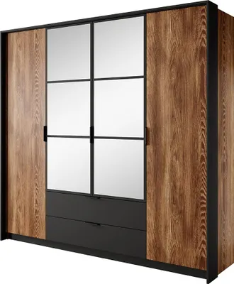 Produktbild von Schlafzimmer-Kleiderschrank mit 223 cm Breite in Kastanie und anthrazit, 4-türig, 2 Spiegeltüren - MEZZANA-167