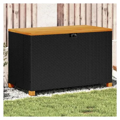 Produktbild von Gartentruhe Schwarz 110x55x63 cm aus Poly Rattan und Akazienholz, Kissenbox für Terrasse, Balkon und Garten