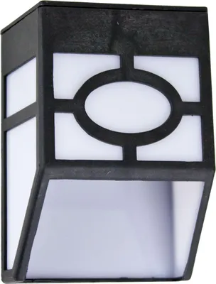 A close-up studio shot of a black solar wall light with a white illuminated panel.
