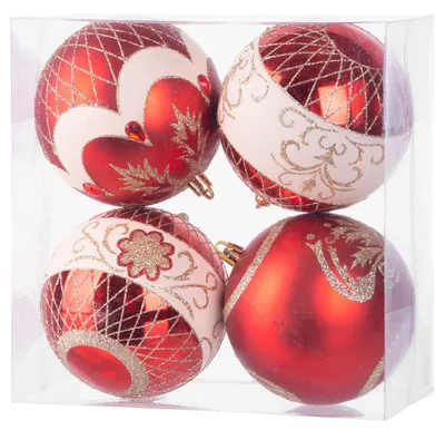 Image de Boules MagicHome Noël, 4 pcs, rouges, avec ornements, pour sapin de Noël, 10 cm