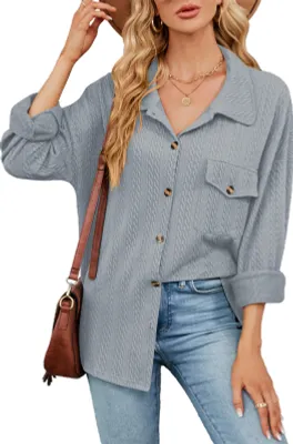 Produktbild von ASKSA Damen Bluse Langarm Musselin Einfarbig Revers Knoepfen Hemd Elegant Casual Locker Hemdbluse mit Taschen (Grau,XL)