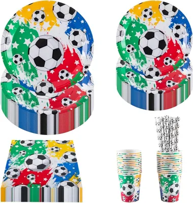 Obrázok produktu pre Sada riadu na párty s motívom futbalu, pre 25 osôb, obsahuje taniere, poháre a servítky, vhodná na oslavy