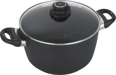 A black pot with a glass lid and two handles, shown from a slightly elevated angle against a white background.