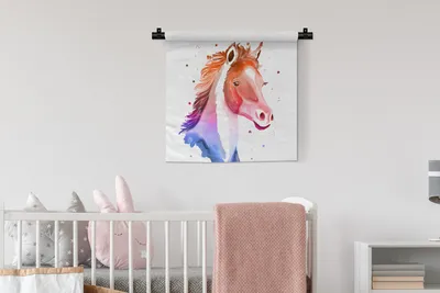 Produktbild von MuchoWow® Wandteppich Wandbehang Pferd - Orange - Rosa - Mädchen - Kinder - Mädchen 60x60 cm Tapisserie Dekoration Wandtuch - Dekorationen - Wand Decke