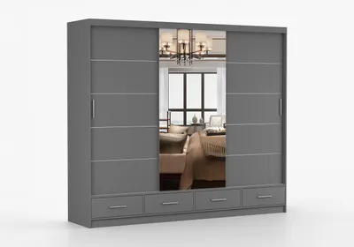 Produktbild von FRENCE Schwebetürenschrank 253 cm Grau mit Spiegel, großer Kleiderschrank 2-türig mit Schubladen