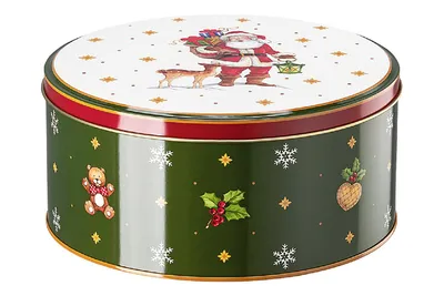 A Christmas-themed round tin with Santa Claus and a reindeer on the lid, and various Christmas motifs on the sides.
