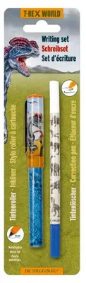 A product package for a T-Rex World writing set, featuring a dinosaur illustration and the product contents.