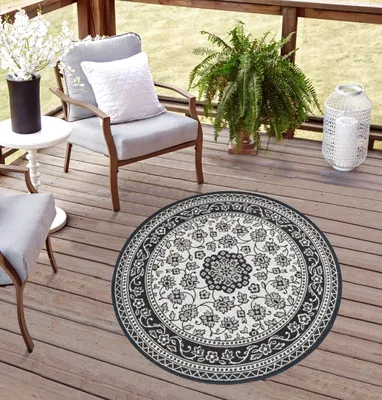 Produktbild von Rikmani Outdoor Teppich rund Wetterfest für Terrasse, Balkon, modernes Design, ideal für Küche und Esszimmer, robuster Teppich