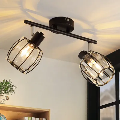 Produktbild von ZMH Deckenstrahler Vintage Deckenspot 2 Flammig Deckenleuchte Kristall Lampenschirm Retro Strahler Industrial E14 Schwarz 350°Schwenkbar Flurlampe für Flur Hotel (ohne Leuchtmittel)