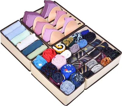 Schubladen-Organizer 4er-Set, beige, 6 Fächer, Vliesstoff