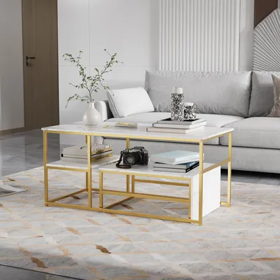 A modern living room scene with a marble-effect coffee table.