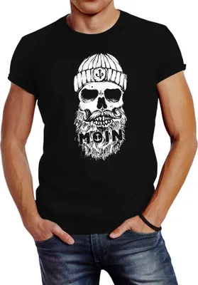 Produktbild von Neverless® Herren T-Shirt Moin Totenkopf Anker Skull Print Motiv Bart schwarz XXL